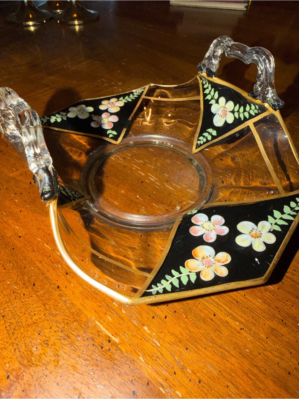 Vintage Glass trinket dish basket  Hand-Painted Floral Panels - Black & Gold